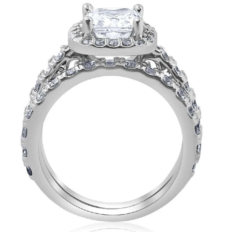 Women’s gemstone accented engagement rings-Pompeii3 14k White Gold 3 ct TDW Cushion Diamond Halo Clarity Enhanced Engagement Matching Wedding Ring Set