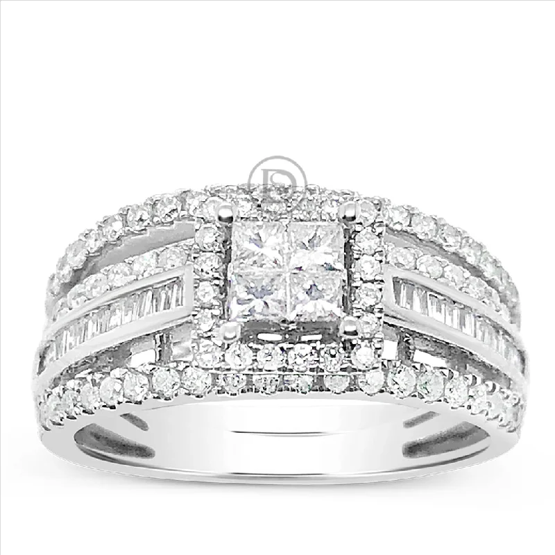 Women’s diamond pave engagement rings-Diamond Halo Engagement Ring .95 CTW Princess w/ Round Cut & Baguettes 14K White Gold