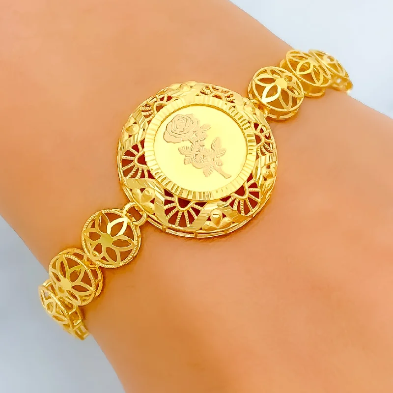 Women’s elegant bracelets-Women’s elegant bracelets-Delicate Flower Adorned 21k Gold Coin Bracelet