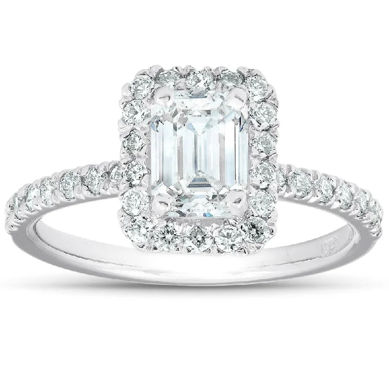 Women’s black diamond engagement rings-1 1/2 Ct Emerald Cut Diamond Halo Engagement Ring 14k White Gold