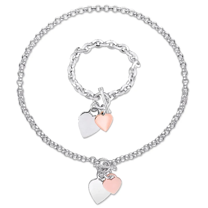 Women’s adjustable bracelets-Women’s adjustable bracelets-Miadora 2-Tone White and Rose Plated Sterling Silver Heart Charm Necklace and Bracelet 2-Pc Set