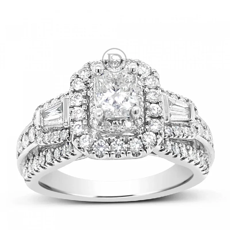 Women’s white gold engagement rings-Diamond Halo Engagement Ring 1.50 CTW Radiant Center w/ Baguettes & Round Cut 14K White Gold