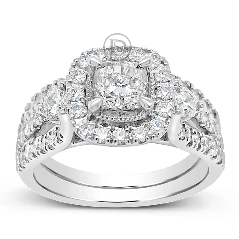 Women’s princess-cut diamond engagement rings-Diamond Halo Engagement Ring 1.75 CTW Round Cut 14K White Gold