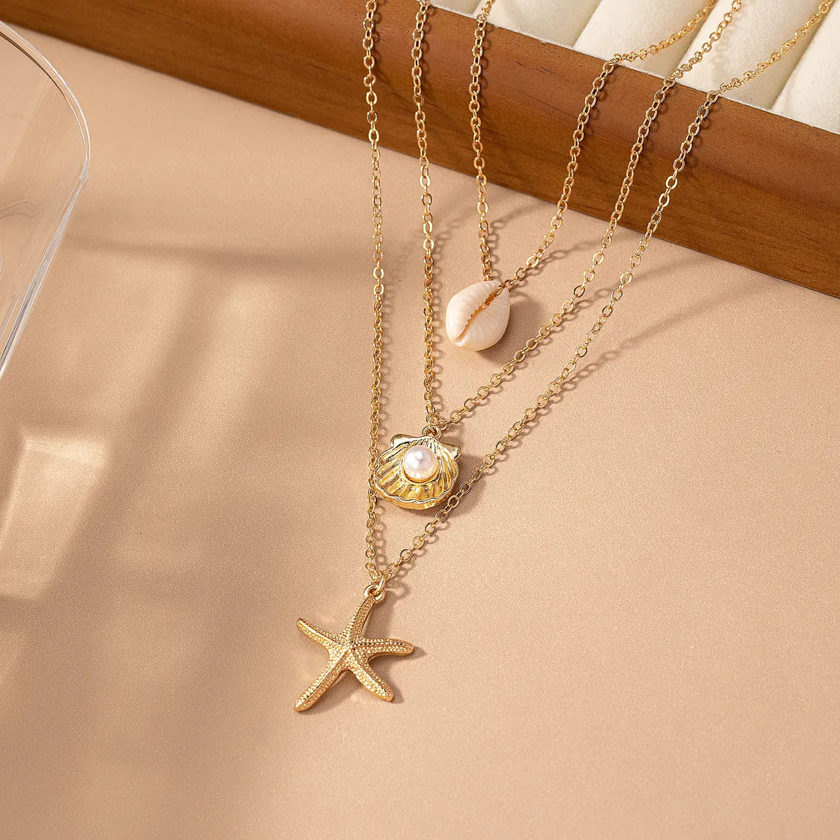 Women’s chic necklaces-Vacation Beach Starfish Shell Alloy Shell Women's Three Layer Necklace