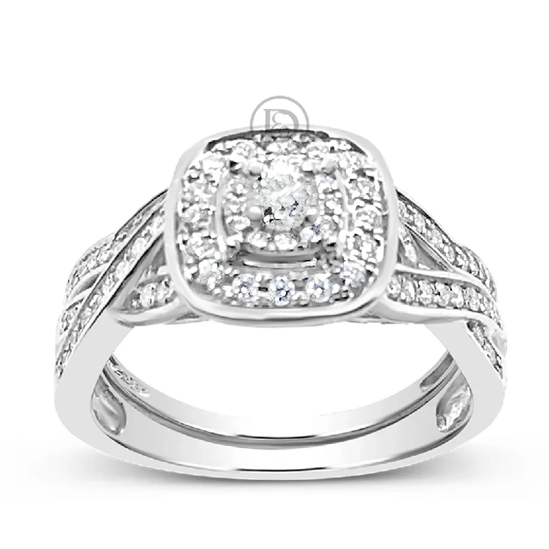 Women’s halo engagement rings-Diamond Halo Engagement Ring .50 CTW Round Cut 14K White Gold