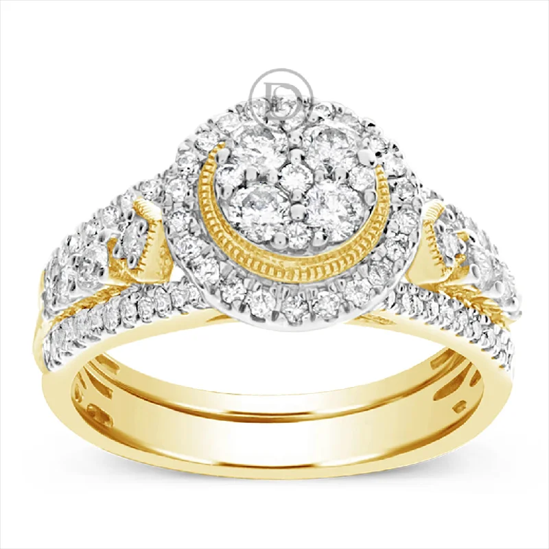 Women’s modern engagement rings-Diamond Halo Engagement Ring 1 CTW Round Cut 14K Yellow Gold