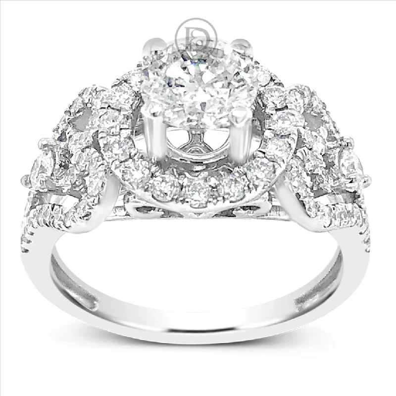 Women’s geometric engagement rings-Diamond Halo Engagement Ring 1.70 CTW Round Cut 18K White Gold