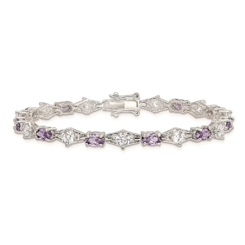 Women’s statement bangles-Diamond2Deal 925 Sterling Silver Purple and Clear Cubic Zirconia Bracelet, 7"