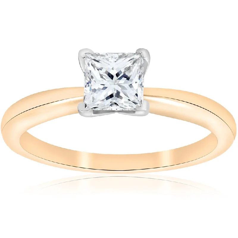 Women’s affordable diamond engagement rings-14K Yellow Gold 1 ct TDW Solitaire Princess Cut Diamond GIA Certified Engagement Ring (E-VS2) - White