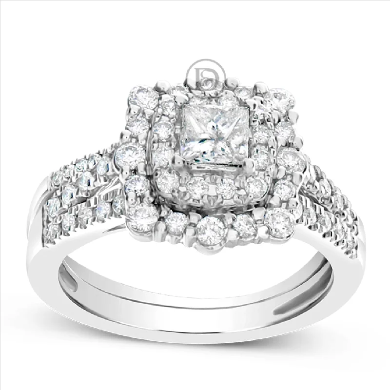 Women’s custom engagement rings-3 RING DIAMOND HALO ENGAGEMENT RING 1.50 CTW BAGUETTES W/ROUND CUT 14K WHITE GOLD