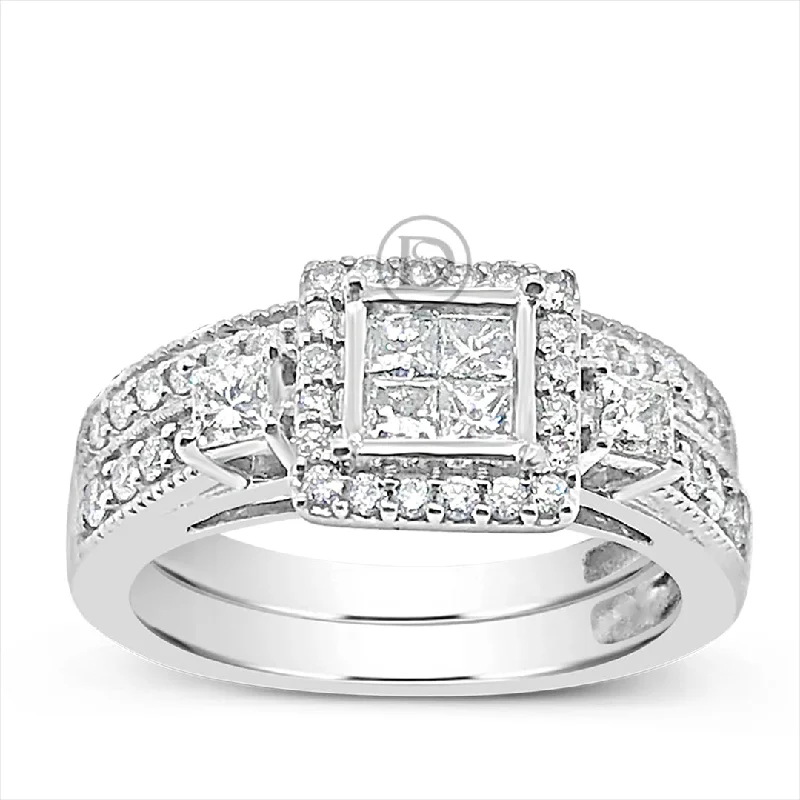 Women’s bespoke engagement rings-Diamond Engagement Ring 1 CTW Princess Cut w/ Round Cut 14K White Gold Bridal Set