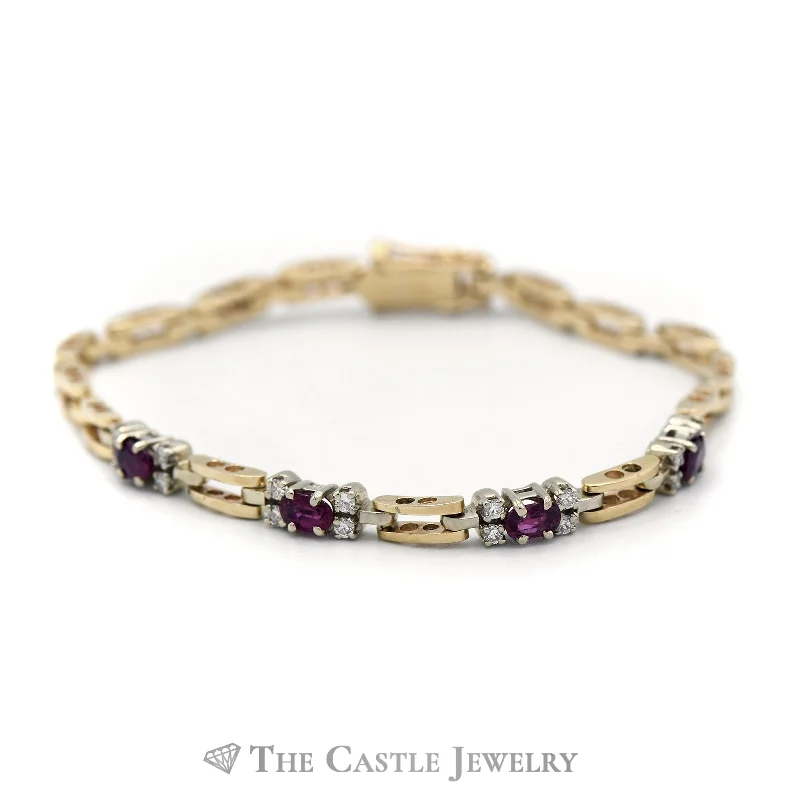 Women’s custom bracelets-Women’s custom bracelets-Ruby & Diamond Open Bar Link Bracelet in 14k Yellow Gold