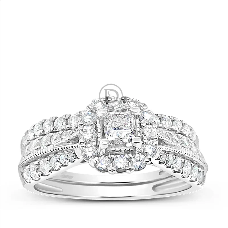 Women’s square diamond engagement rings-Diamond Halo Engagement Ring 1CT Princess w/ Round Cut 14K White Gold