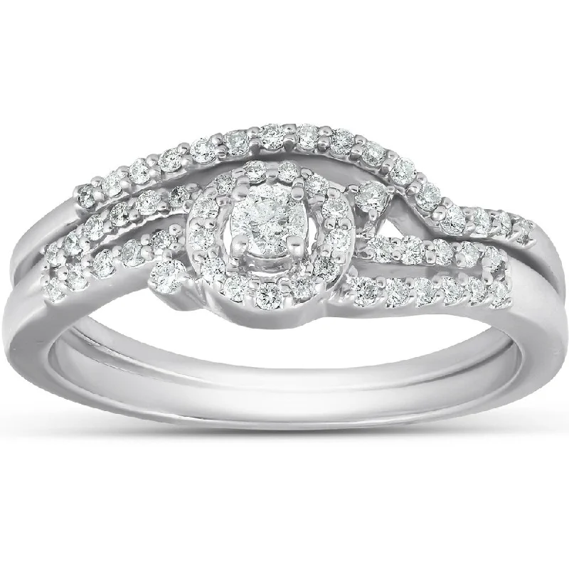 Women’s vintage engagement rings-Pompeii3 10k White Gold 1/3 Ct TDW Halo Diamond Engagement Ring Twist Wedding Band Set