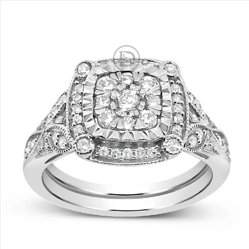 Women’s gold engagement rings-Diamond Halo Engagement Ring .65 CTW Round Cut 14K White Gold