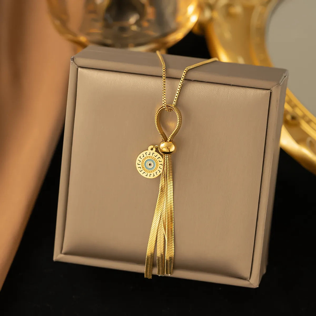 Women’s geometric pendant necklaces-Roman Style Devil's Eye Tassel Titanium Steel 18k Gold Plated Artificial Diamond Pendant Necklace In Bulk