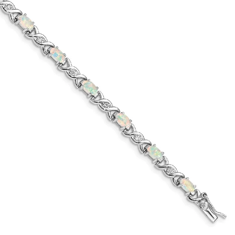 Women’s colorful bracelets-925 Sterling Silver Rhodium-plated White Created Opal and Cubic Zirconia Bracelet, 7"