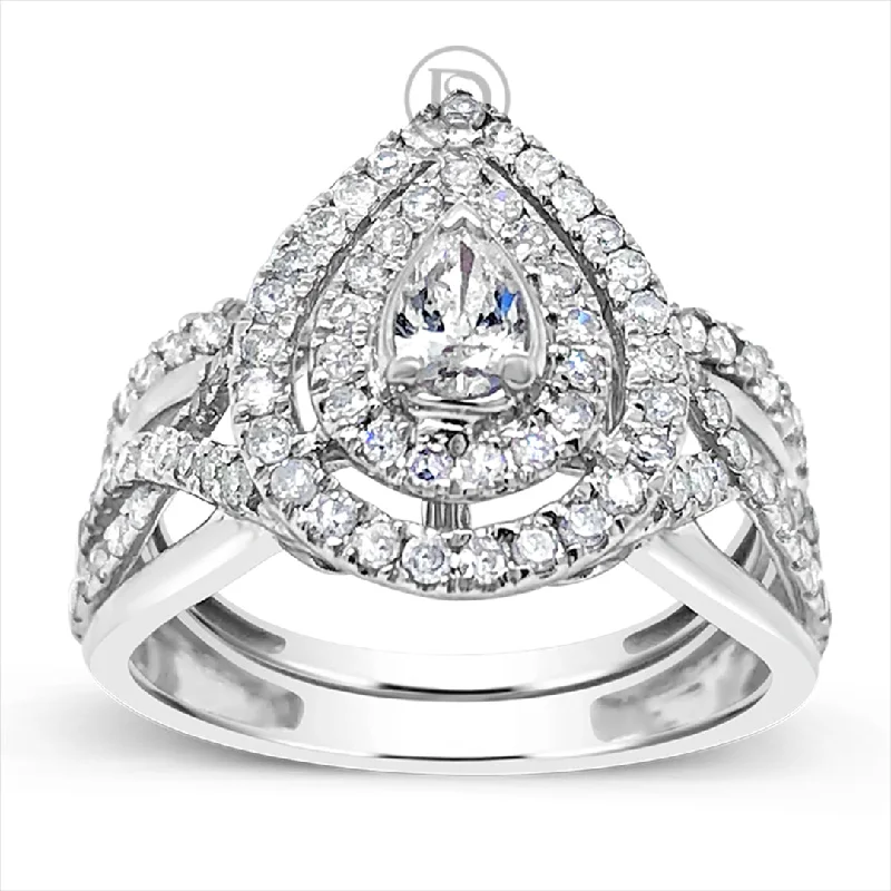 Women’s banded engagement rings-Diamond Halo Pear Shaped Engagement Ring .75 CTW Round Cut 14K White Gold