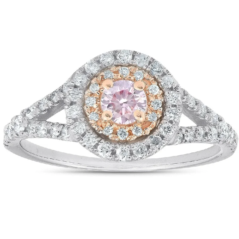 Women’s vintage solitaire engagement rings-14k White & Rose Gold .79 Ct TDW Pink Diamond Halo Engagement Ring IGI Certified Size 8