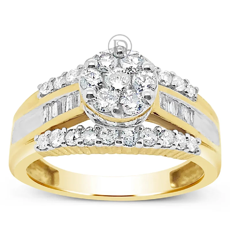 Women’s bezel engagement rings-Diamond Engagement Ring 1 CTW Round Cut w/ Baguette 10K Yellow Gold