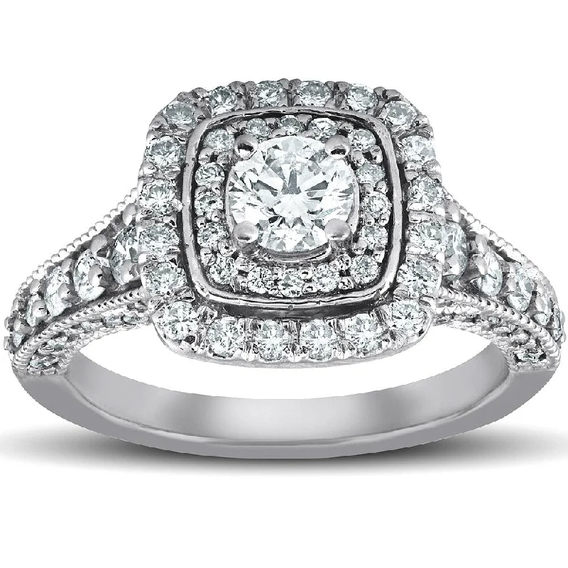 Women’s gemstone accented engagement rings-Pompeii3 14k White Gold 1 Ct TDW Cushion Halo Diamond Engagement Ring (SI1/G-H)