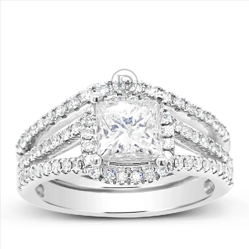 Women’s three-stone engagement rings-Diamond Halo Engagement Ring 2.50 CTW Princess Cut 14K White Gold