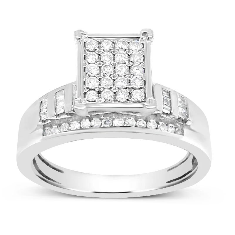 Women’s engagement rings with diamond accents-Diamond Engagement Ring .50 CTW Round Cut w/ Baguettes 10K White Gold