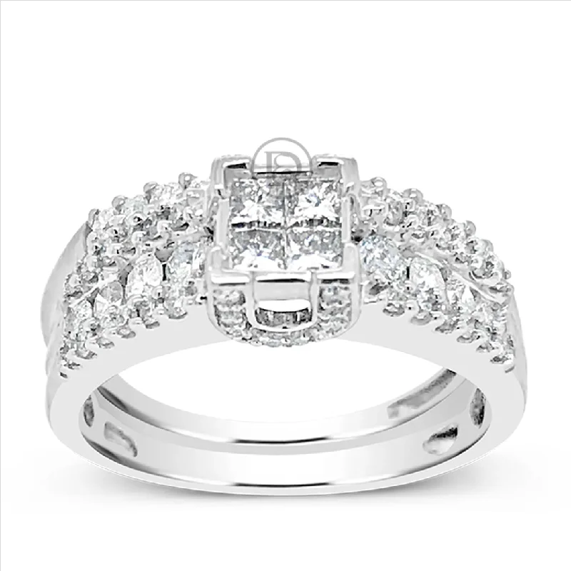 Women’s cushion halo engagement rings-Diamond Halo Engagement Ring 1 CTW Princess w/ Round Cut 14K White Gold