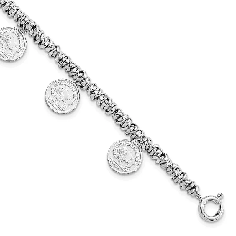 Women’s trendy bangles-Women’s trendy bangles-925 Sterling Silver Rhodium-plated Coin Charm Bracelet, 9.25" w/2in Extender