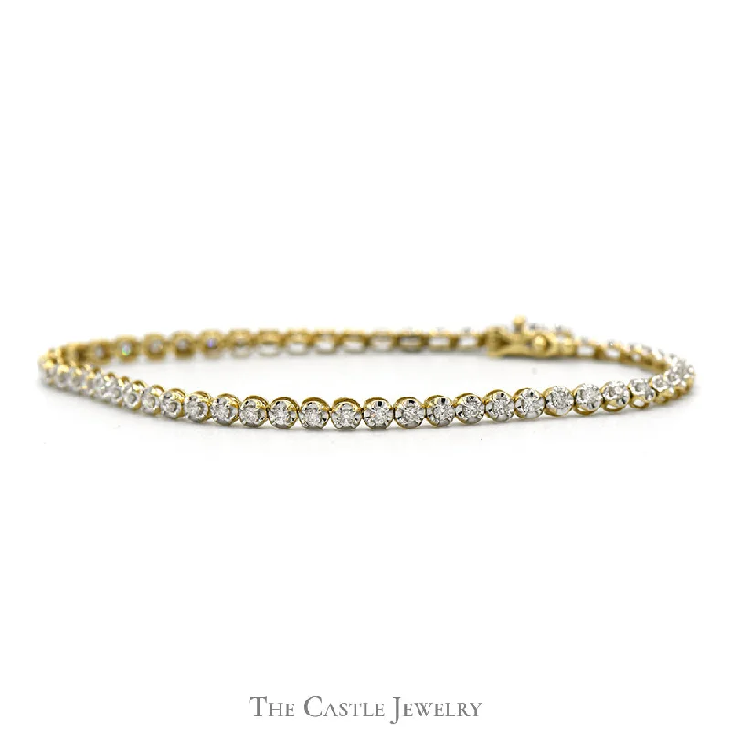 Women’s stackable cuff bracelets-Women’s stackable cuff bracelets-7 Inch 1cttw Illusion Set Round Diamond Link Tennis Bracelet in 10k Yellow Gold