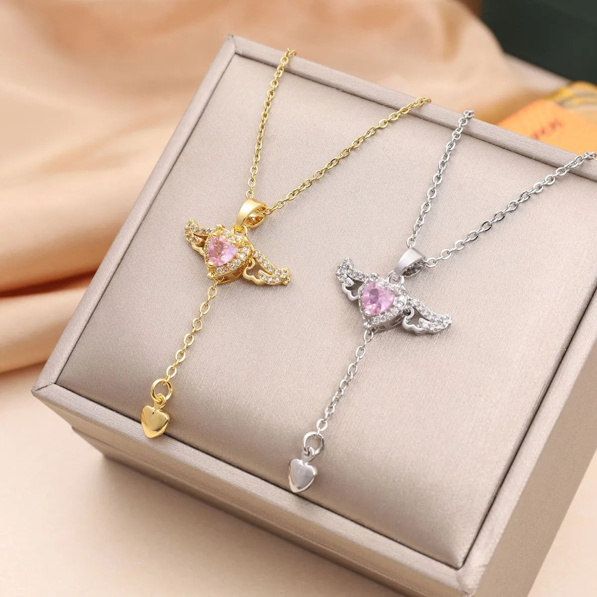 Women’s layered necklaces-Simple Style Heart Shape Wings Titanium Steel Inlay Rhinestones Necklace 1 Piece