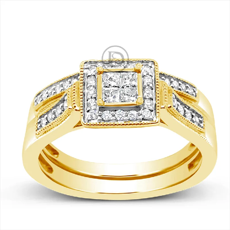 Women’s floral engagement rings-Diamond Halo Engagement Ring .35 CTW Princess w/ Round Cut 10K Yellow Gold