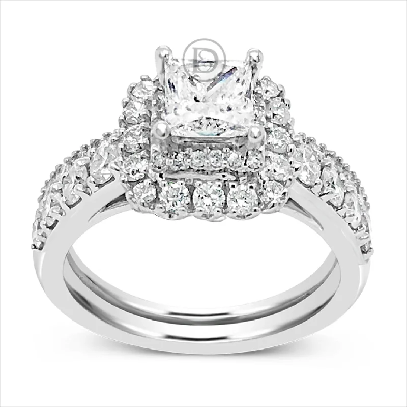 Women’s gold diamond engagement rings-Diamond Halo Engagement Ring 2 CTW Princess w/ Round Cut 14K White Gold