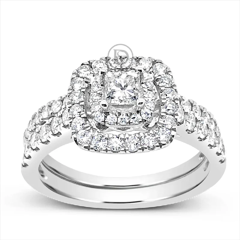 Women’s square diamond engagement rings-Diamond Halo Engagement Ring 1 CTW Princess w/ Round Cut 14K White Gold Bridal Set