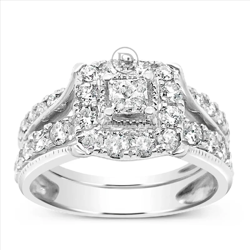 Women’s diamond halo engagement rings-Diamond Halo Engagement Ring 1.75 CTW Princess w/ Round Cut 14K White Gold