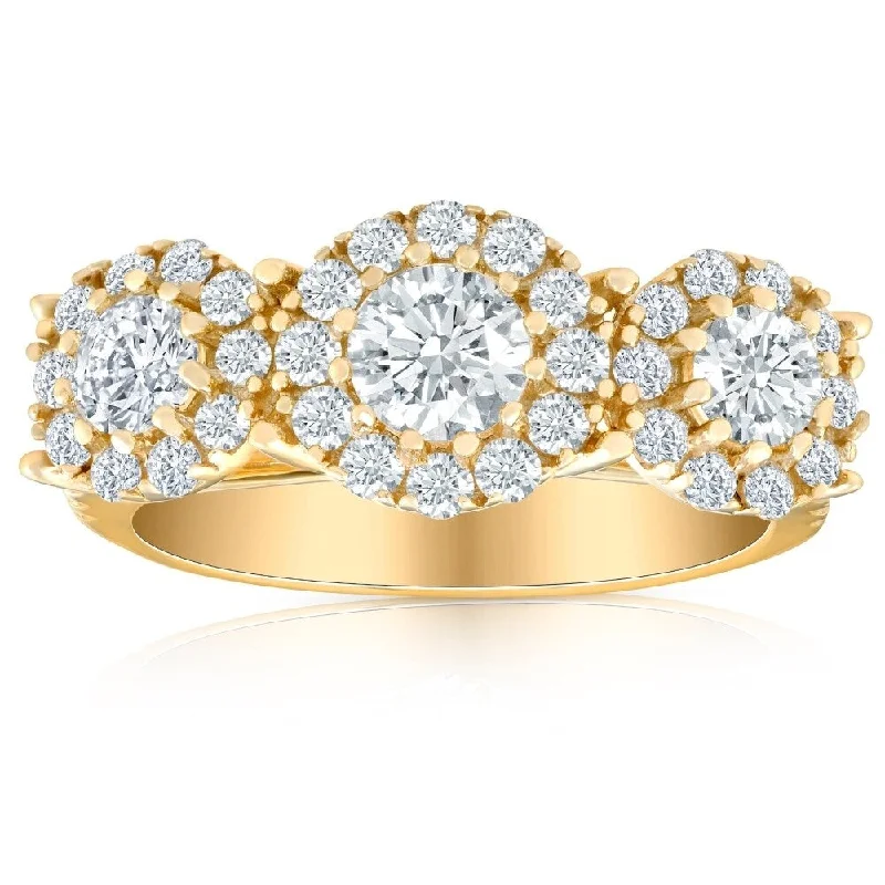 Women’s cushion-cut diamond engagement rings-1 3/8 Ct Diamond Three Stone Halo Pave Engagement Ring Yellow Gold