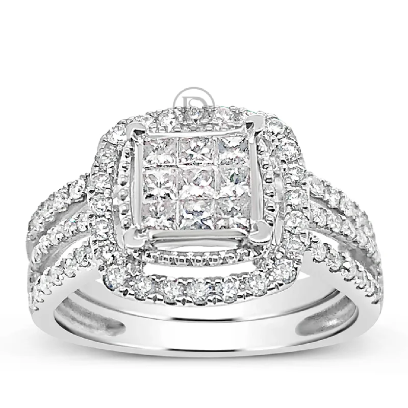 Women’s custom engagement rings-Diamond Halo Engagement Ring .98 CTW Princess w/ Round Cut 14K White Gold