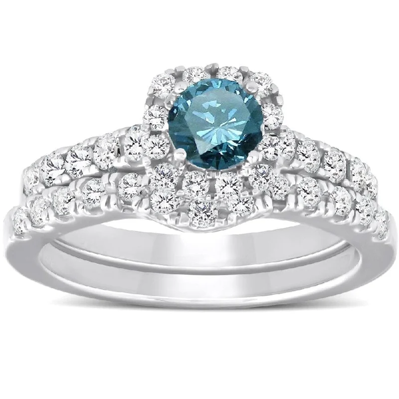 Women’s custom gemstone engagement rings-Pompeii3 14k White Gold 1 1/2 Ct TDW Blue Diamond Cushion Halo Engagement Wedding Ring Set