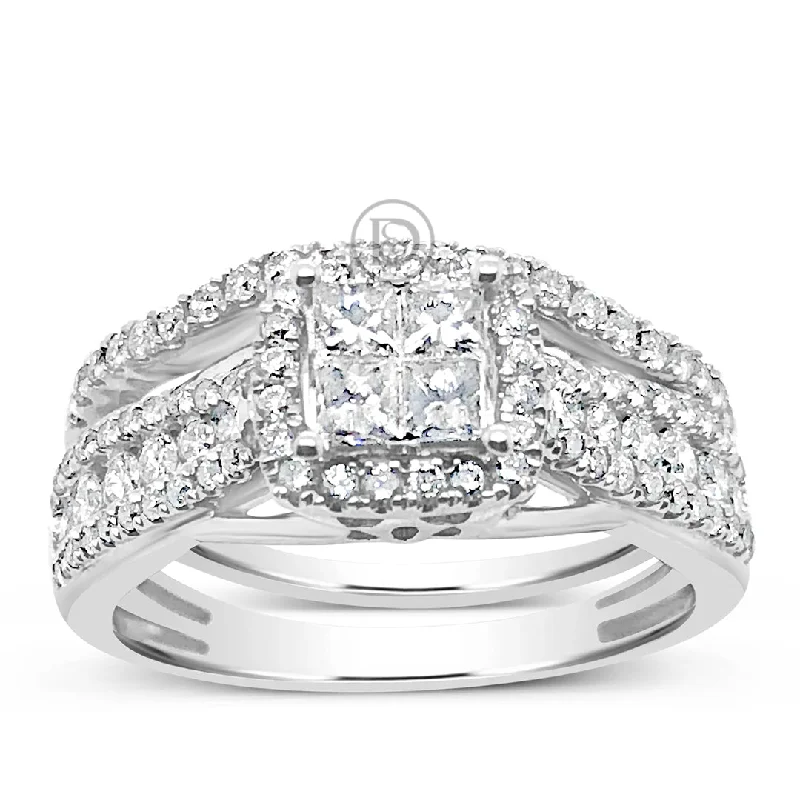 Women’s princess cut engagement rings-Diamond Halo Engagement Ring 1.03 CTW Princess w/ Round Cut 14K White Gold