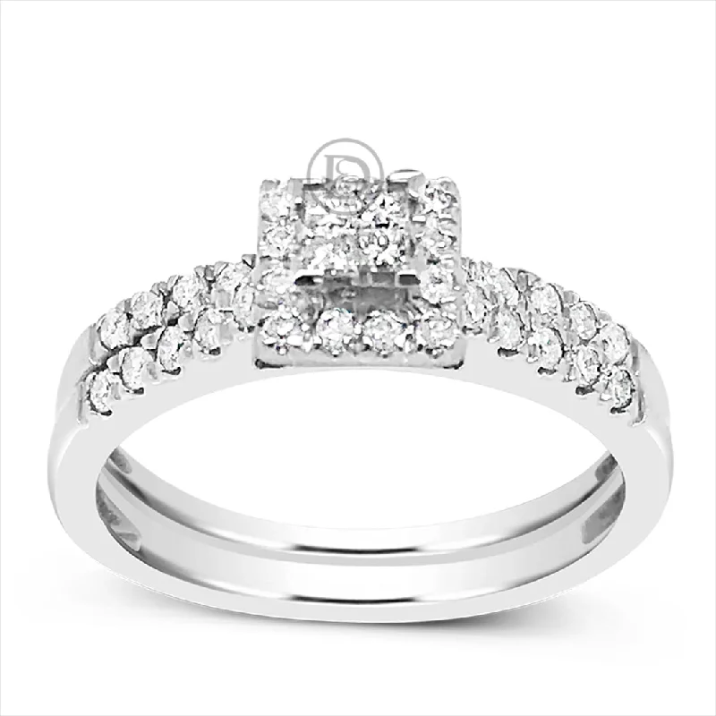 Women’s custom halo engagement rings-Diamond Halo Engagement Ring .50 CTW Princess Cut w/Round Cut 14K White Gold