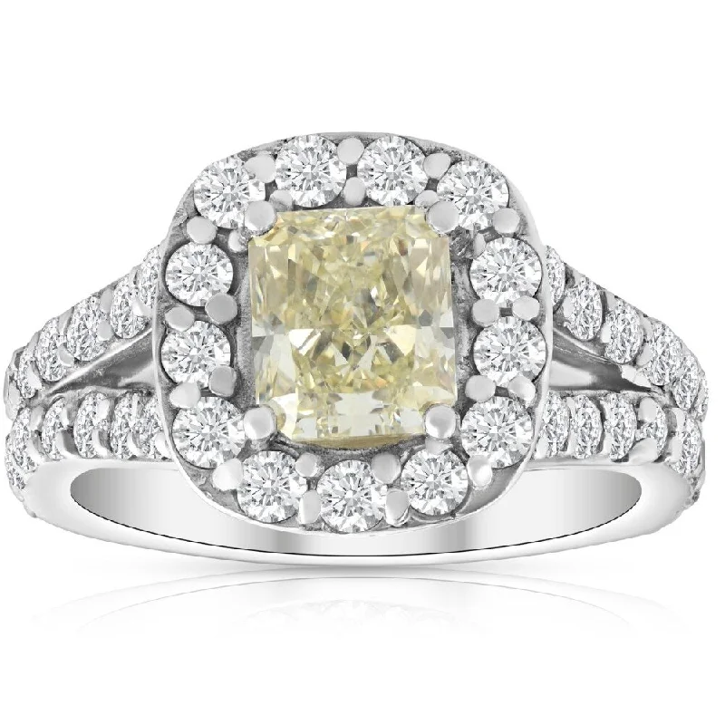 Women’s petite engagement rings-3 3/4Ct Fancy Yellow Cushion Diamond Halo Engagement Ring 10k White Gold