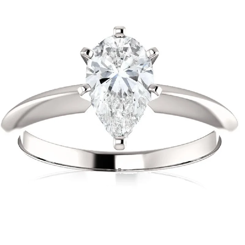 Women’s wedding and engagement ring sets-14k White Gold 1 Ct Pear Shape Diamond Solitaire Engagement Ring Lab Grown (E/VS)