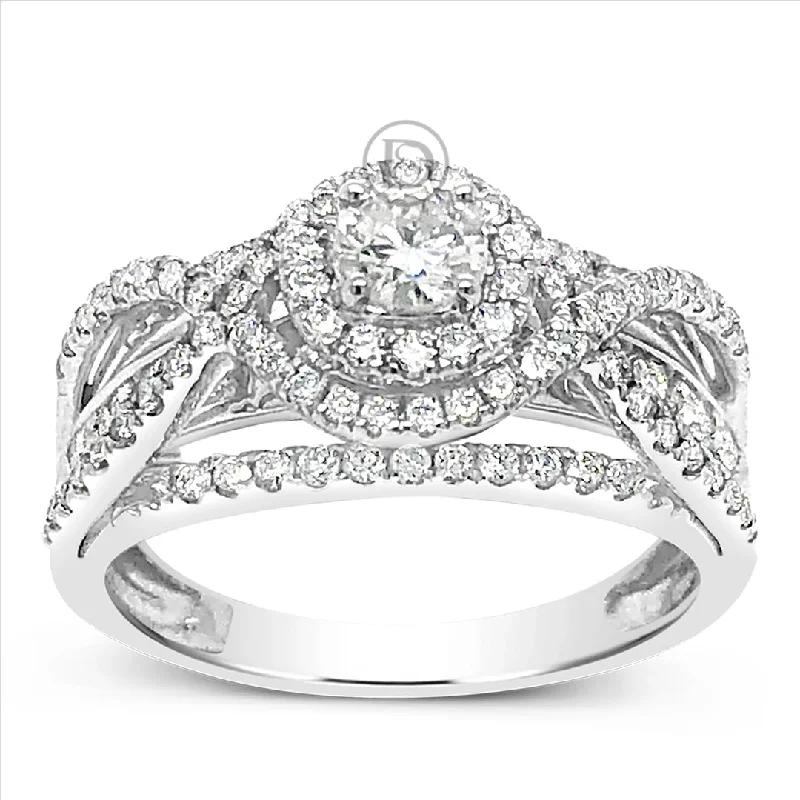 Women’s vintage diamond engagement rings-Diamond Halo Engagement Ring 1 CTW Round Cut 14K White Gold