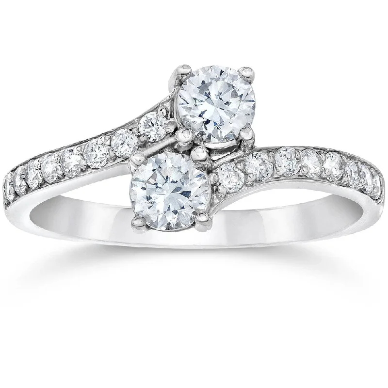 Women’s solitaire engagement rings with a twist-Pompeii3 14k White Gold 1 ct TDW Two Stone Diamod Engagement Ring Womens Anniversary Band