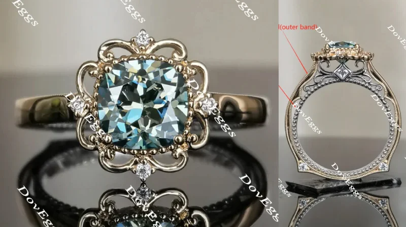 Women’s princess cut engagement rings-Doveggs cushion flower shape Peacock blue moissanite engagement ring