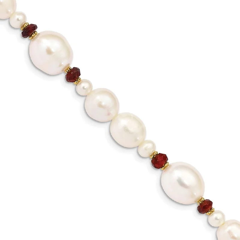 Women’s custom-designed bracelets-14k Yellow Gold White Freshwater Cultured Pearl Faceted 4.0 Garnet Bead Bracelet, 7.25"