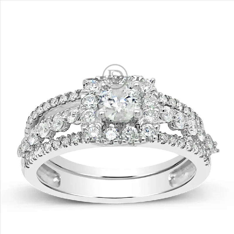 Women’s gemstone engagement rings-Diamond Halo Engagement Ring 1.05 CTW Round Cut 14K White Gold