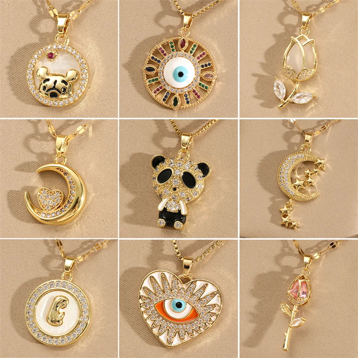 Women’s vintage pendant necklaces-201 Stainless Steel Brass 18K Gold Plated Inlay Panda Eye Flower Zircon Pendant Necklace