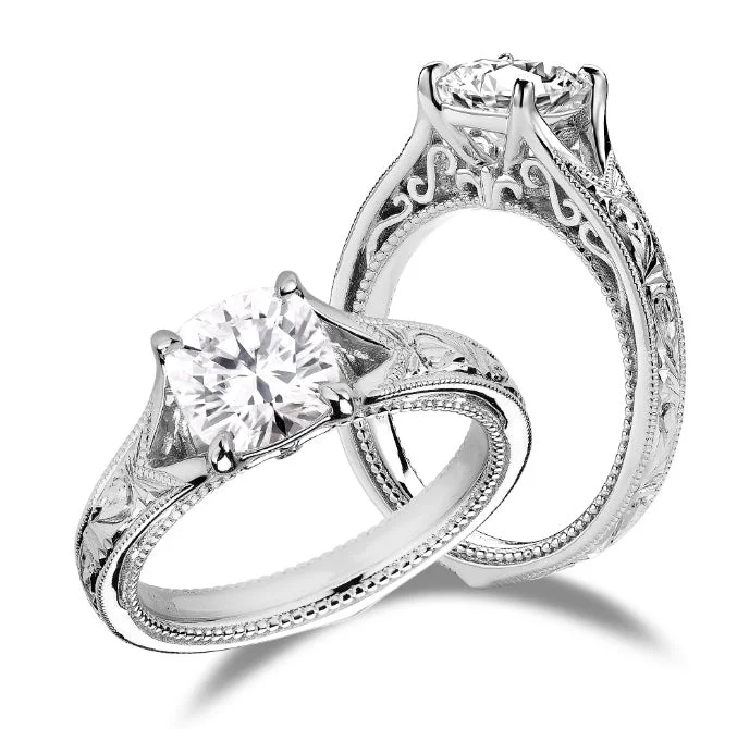 Women’s two-tone engagement rings-DovEggs hard engraved cushion moissanite engagement ring