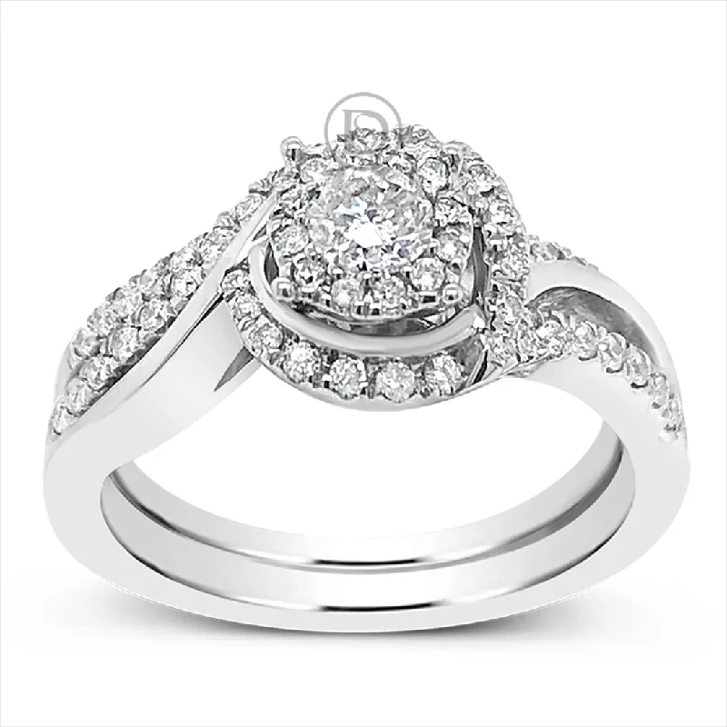 Women’s petite engagement rings-Diamond Halo Engagement Ring .55 CTW Round Cut 14K White Gold